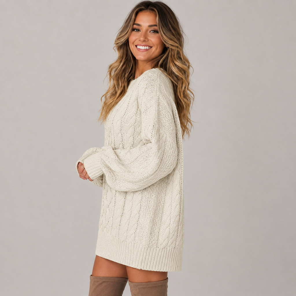 Women's Oversized Cable Knit Jumper Dress, Chunky Round Neck Dropped Shoulder Dress