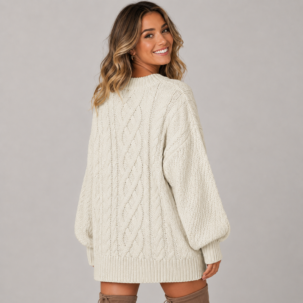 Women's Oversized Cable Knit Jumper Dress, Chunky Round Neck Dropped Shoulder Dress