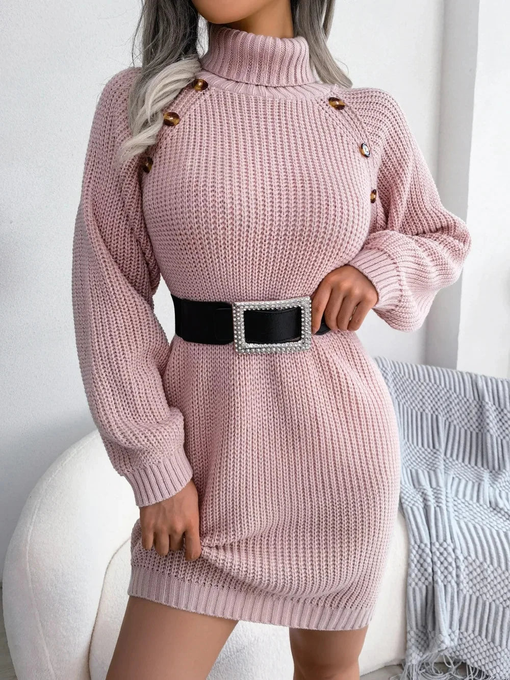 Women's Chunky Turtleneck Jumper Dress, Shoulder Button Relaxed Knit Mini Dress