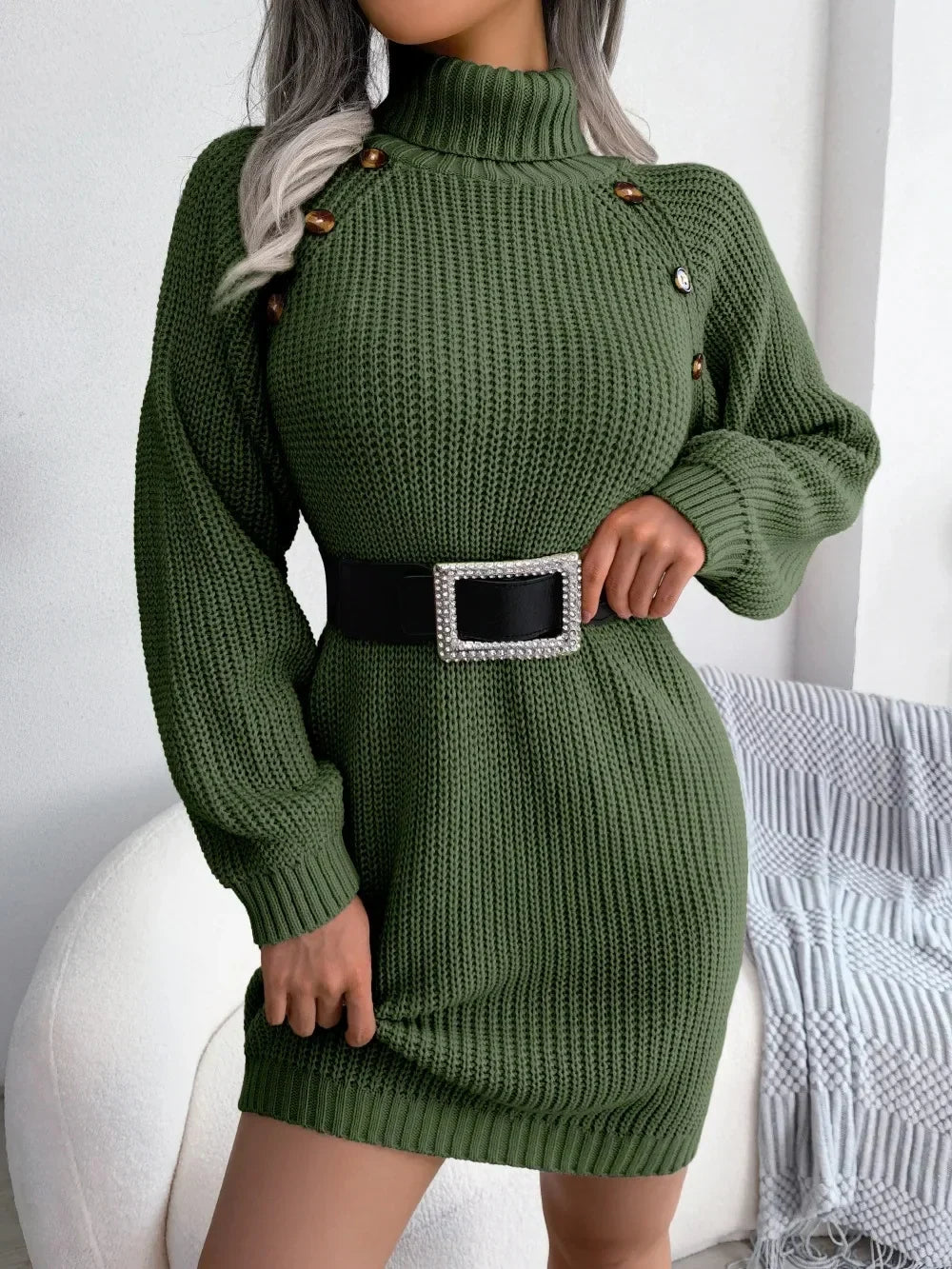 Women's Chunky Turtleneck Jumper Dress, Shoulder Button Relaxed Knit Mini Dress