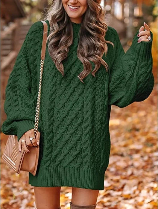Women's Oversized Cable Knit Jumper Dress, Puff Sleeve Chunky Sweater Dress