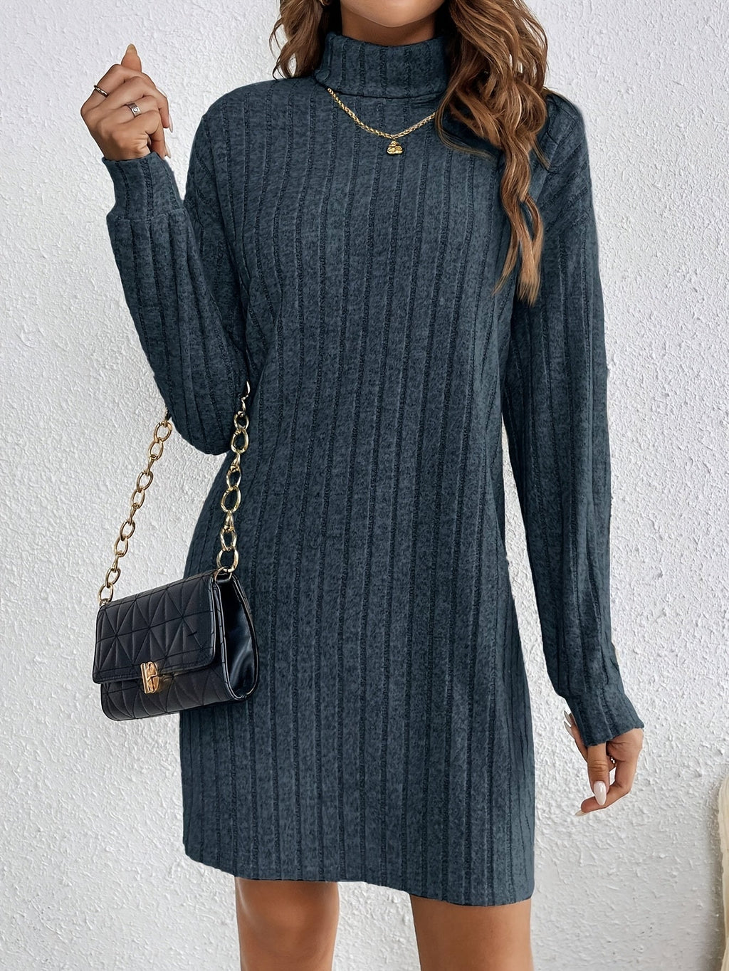 Women's Turtleneck Ribbed Jumper Dress, Fitted Long Sleeve Knit Mini Dress