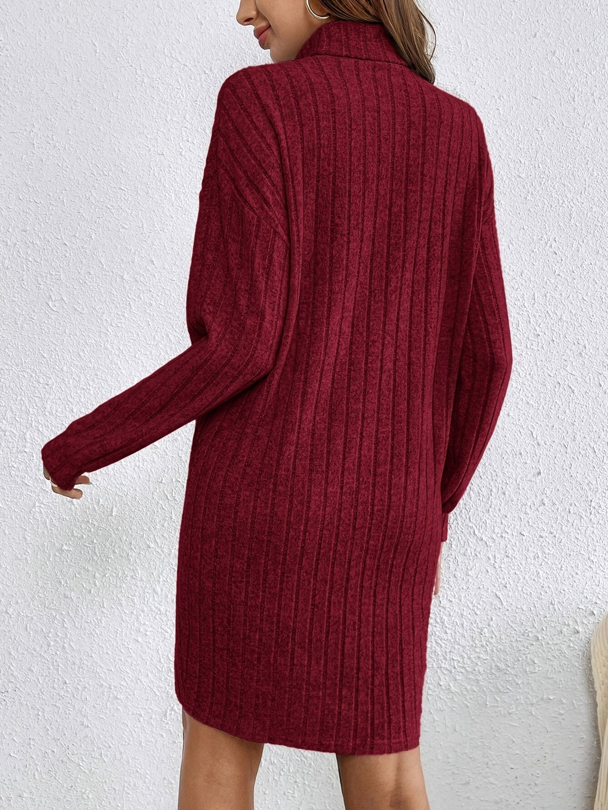 Women's Turtleneck Ribbed Jumper Dress, Fitted Long Sleeve Knit Mini Dress