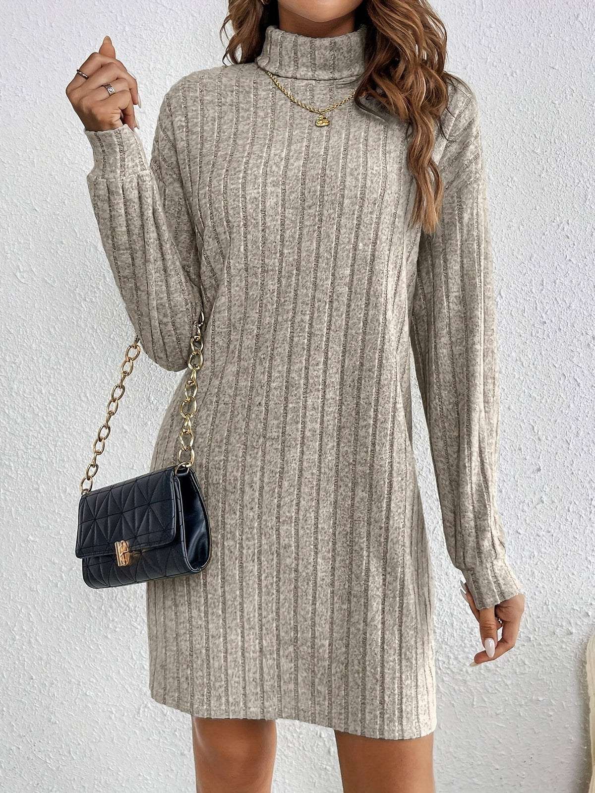 Women's Turtleneck Ribbed Jumper Dress, Fitted Long Sleeve Knit Mini Dress