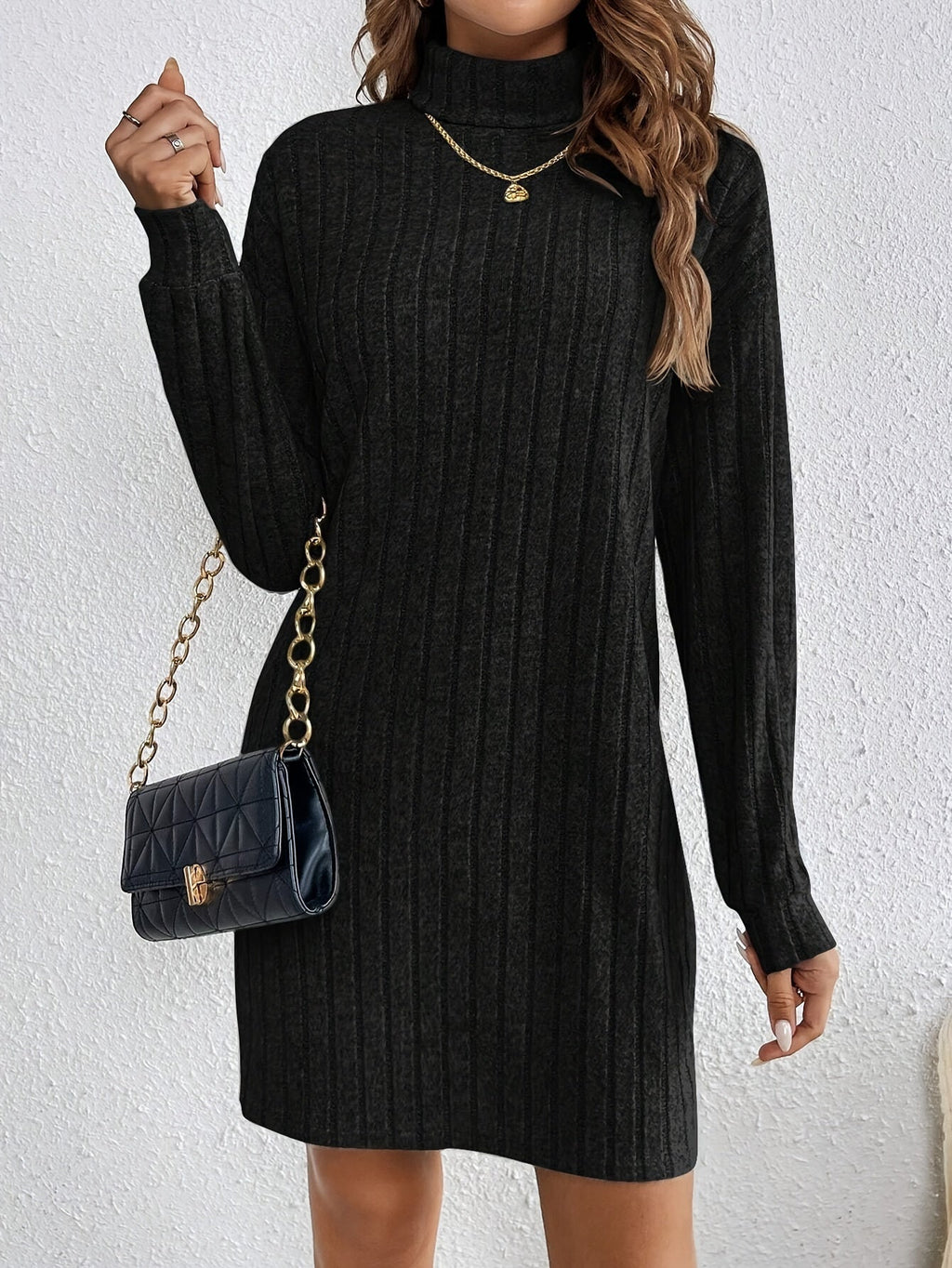 Women's Turtleneck Ribbed Jumper Dress, Fitted Long Sleeve Knit Mini Dress