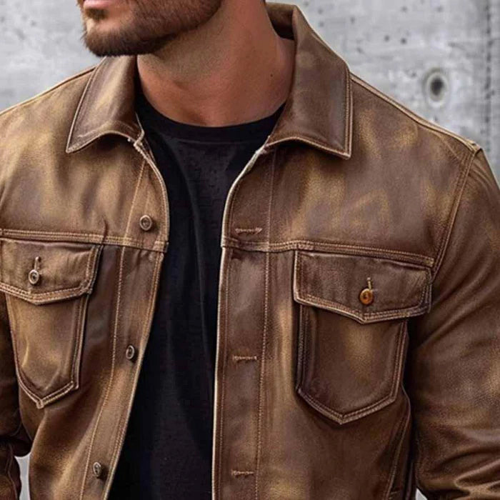Men's Leather Jacket Vintage Brown Trucker Style Biker Coat