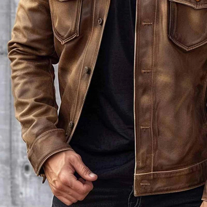 Men's Leather Jacket Vintage Brown Trucker Style Biker Coat