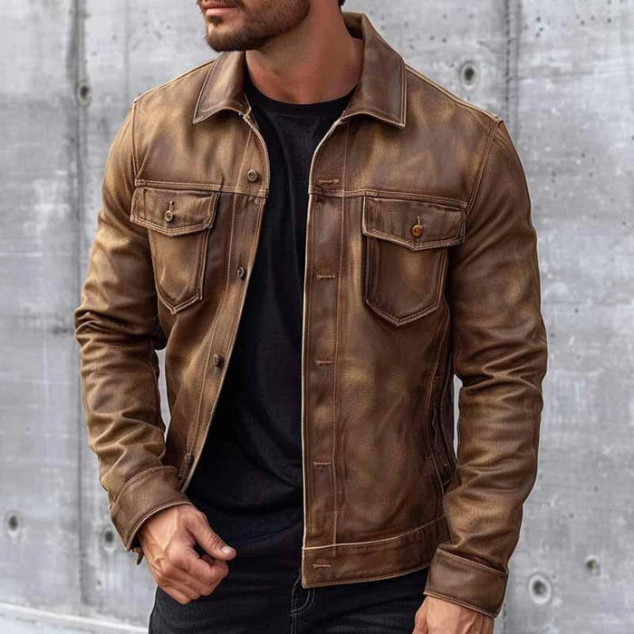 Men's Leather Jacket Vintage Brown Trucker Style Biker Coat