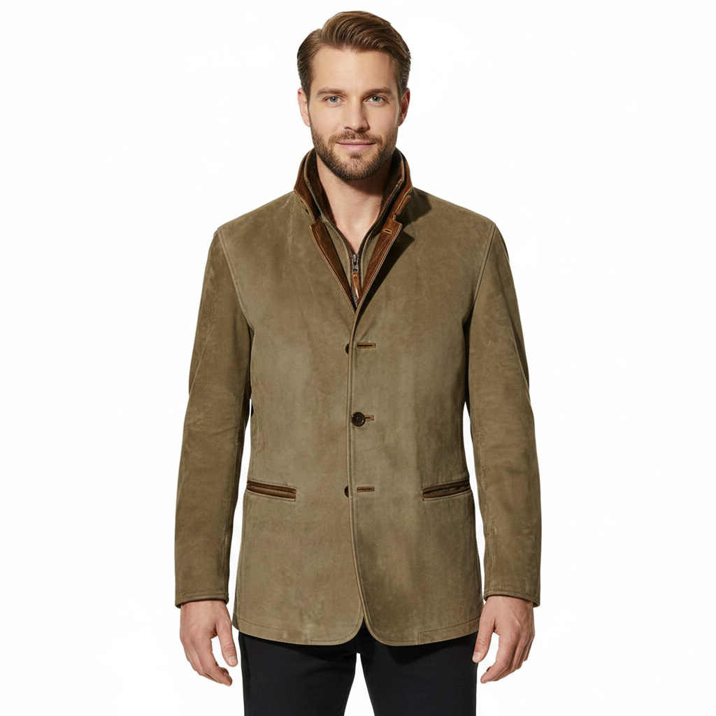 Men's Brown Suede Blazer Jacket with Leather Trim - Khaki