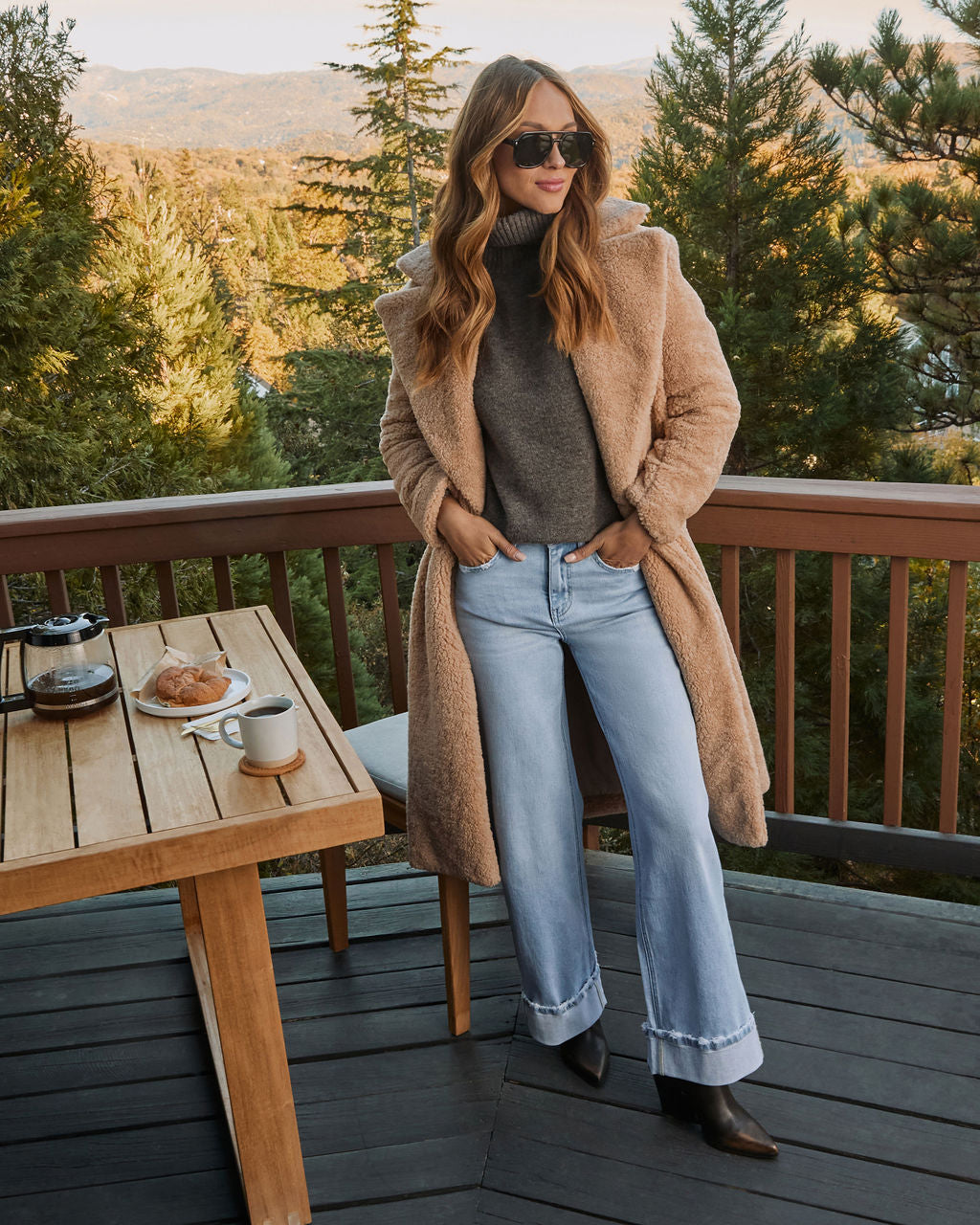 Women's Teddy Trench Coat, Double-Breasted Long Coat with Side Slant Pockets