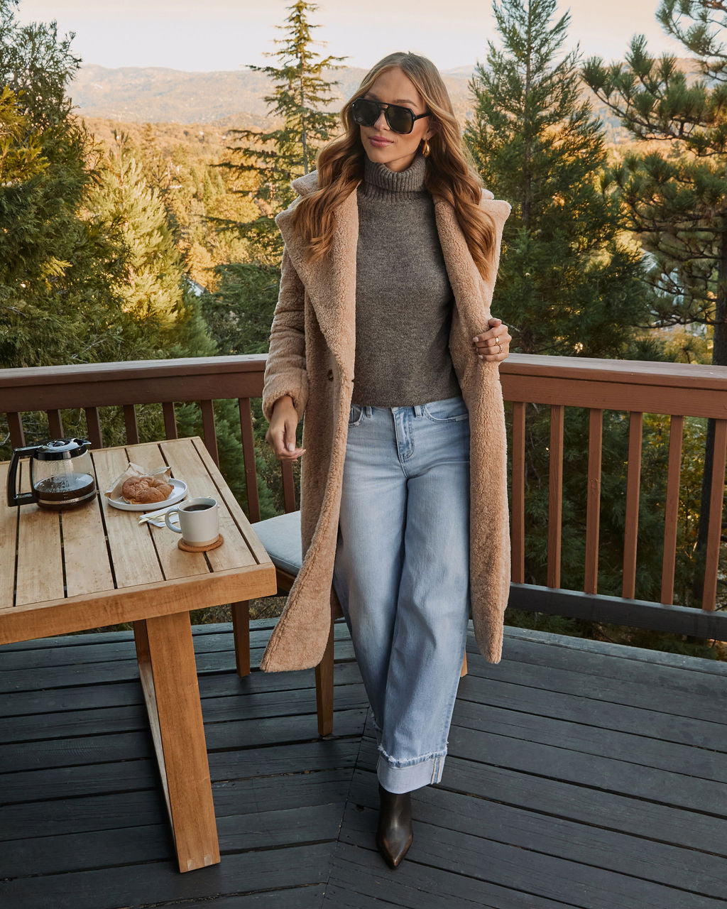 Women's Teddy Trench Coat, Double-Breasted Long Coat with Side Slant Pockets