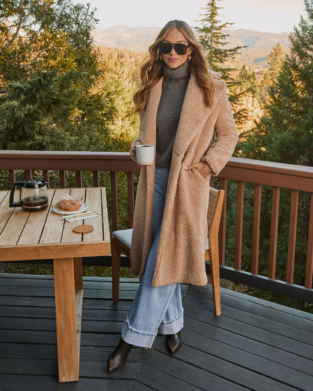 Women's Teddy Trench Coat, Double-Breasted Long Coat with Side Slant Pockets