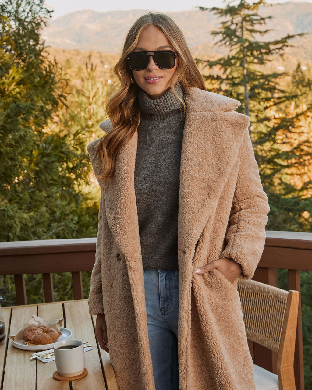 Women's Teddy Trench Coat, Double-Breasted Long Coat with Side Slant Pockets