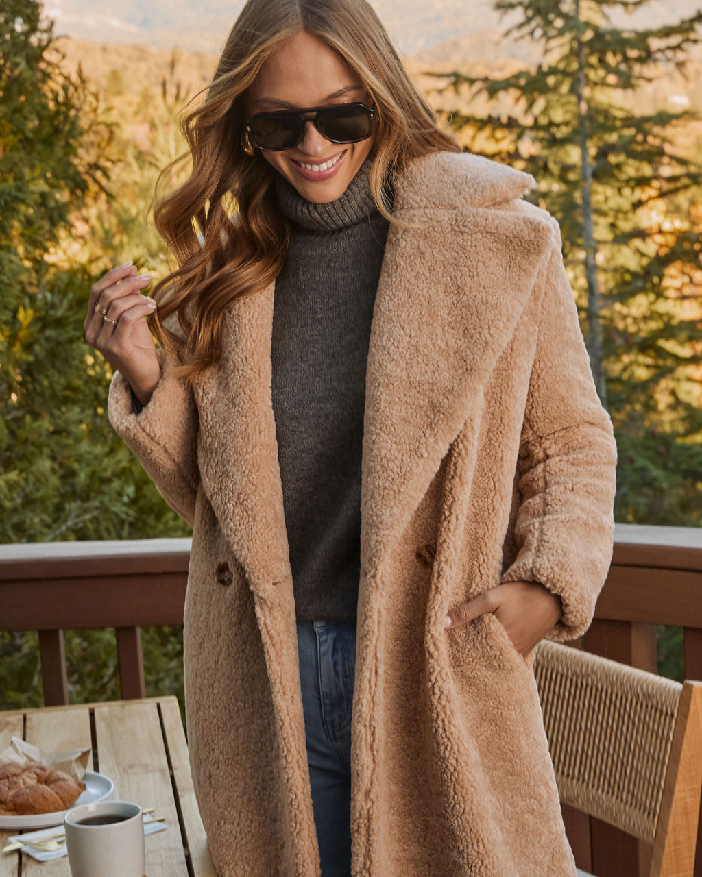 Women's Teddy Trench Coat, Double-Breasted Long Coat with Side Slant Pockets