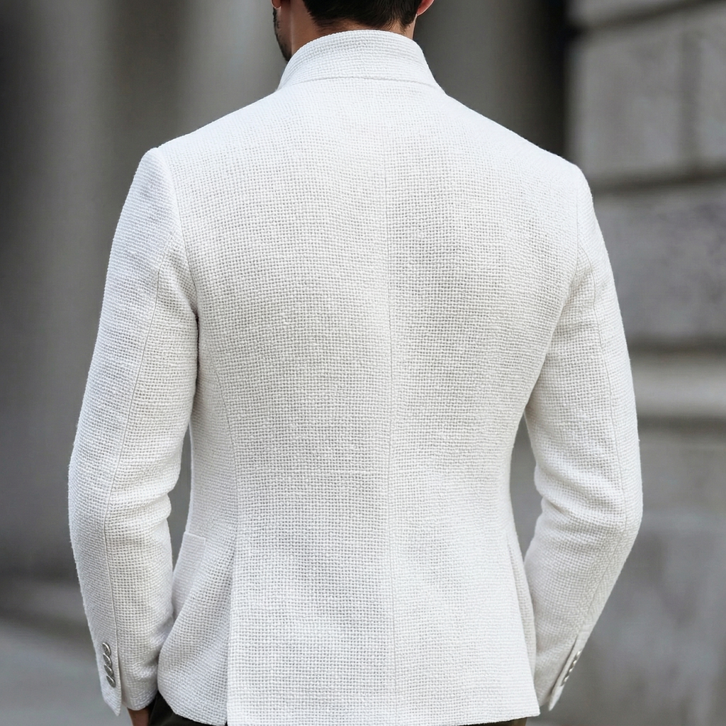 Mens Blazer White Textured Stand Collar Single-Breasted Smart Jacket