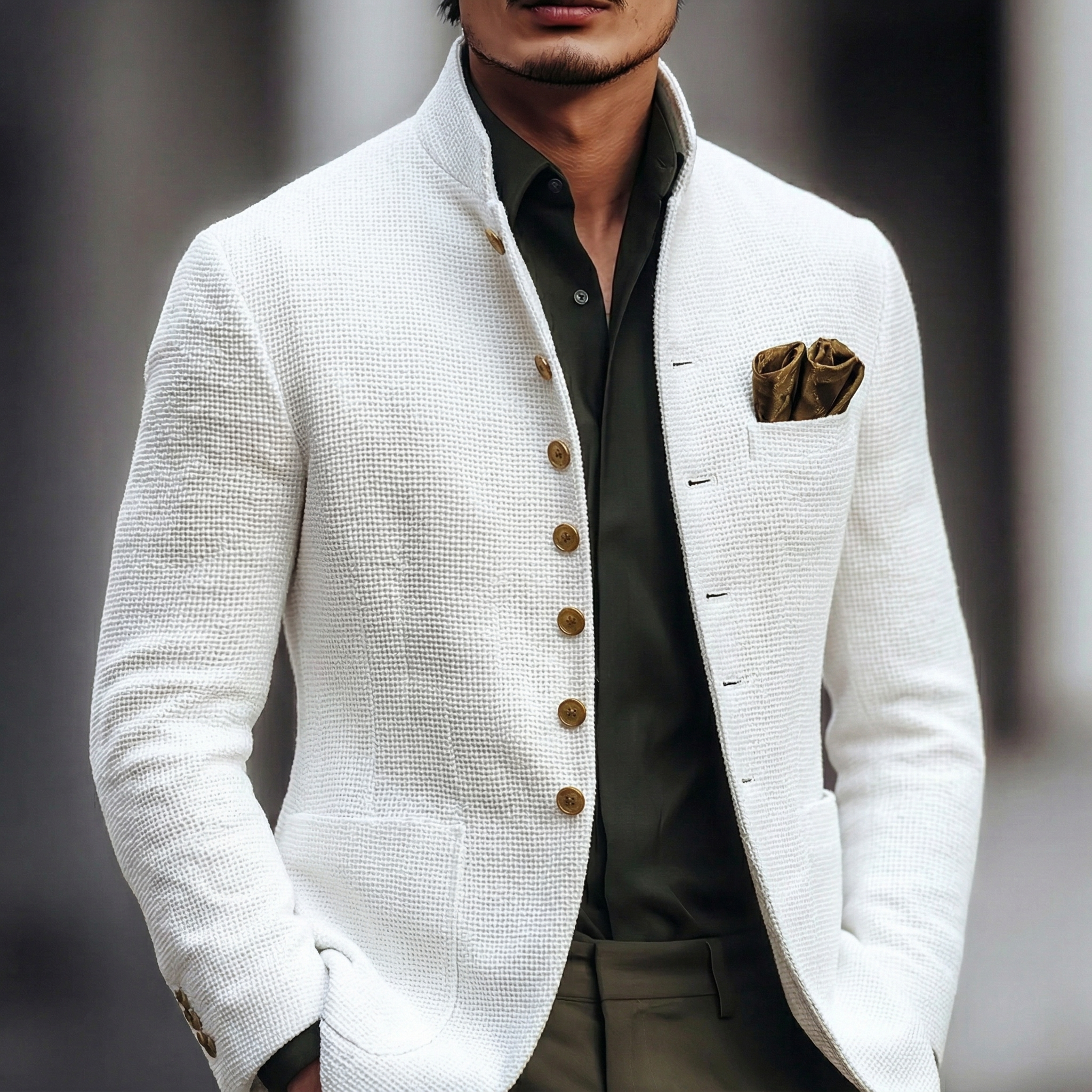 Mens Blazer White Textured Stand Collar Single-Breasted Smart Jacket