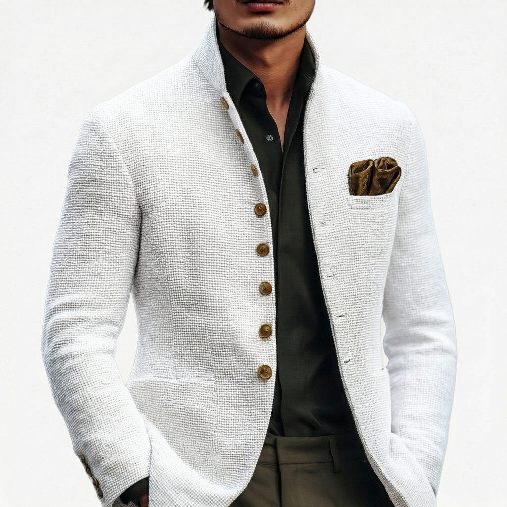 Mens Blazer White Textured Stand Collar Single-Breasted Smart Jacket