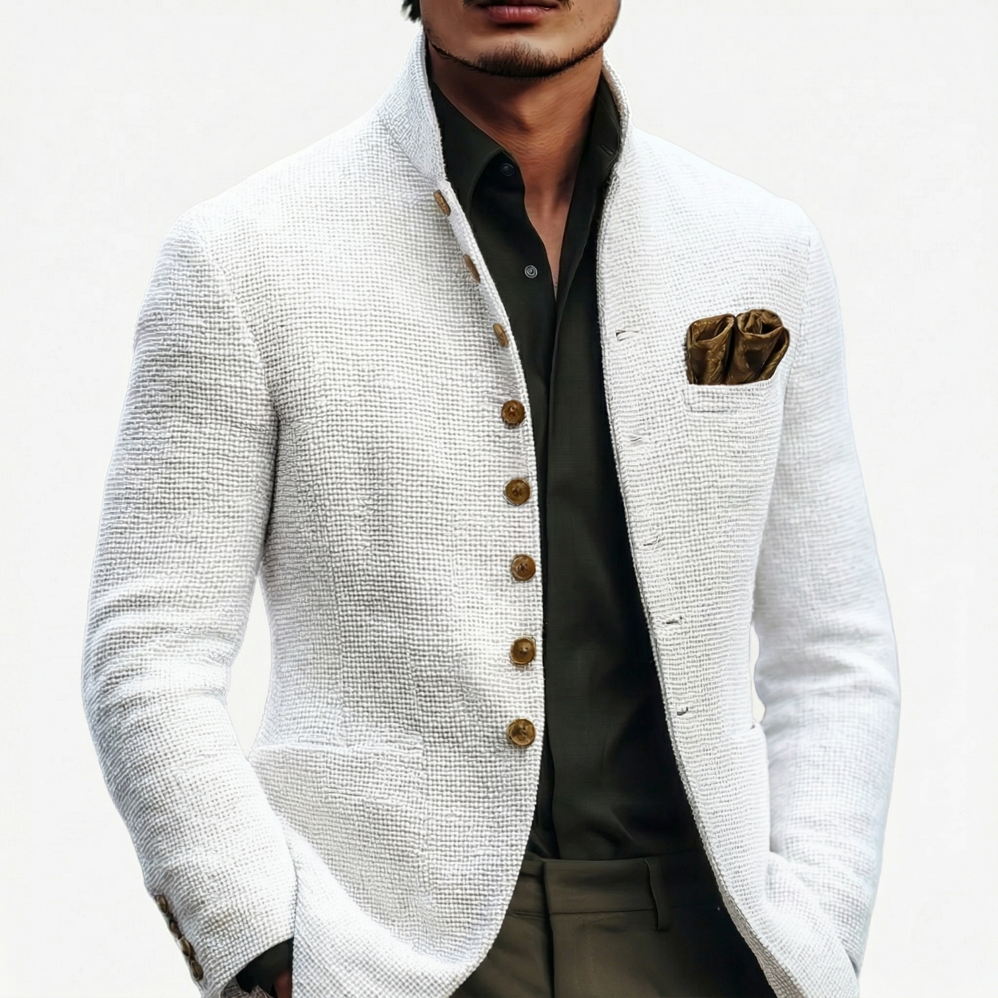 Mens Blazer White Textured Stand Collar Single-Breasted Smart Jacket