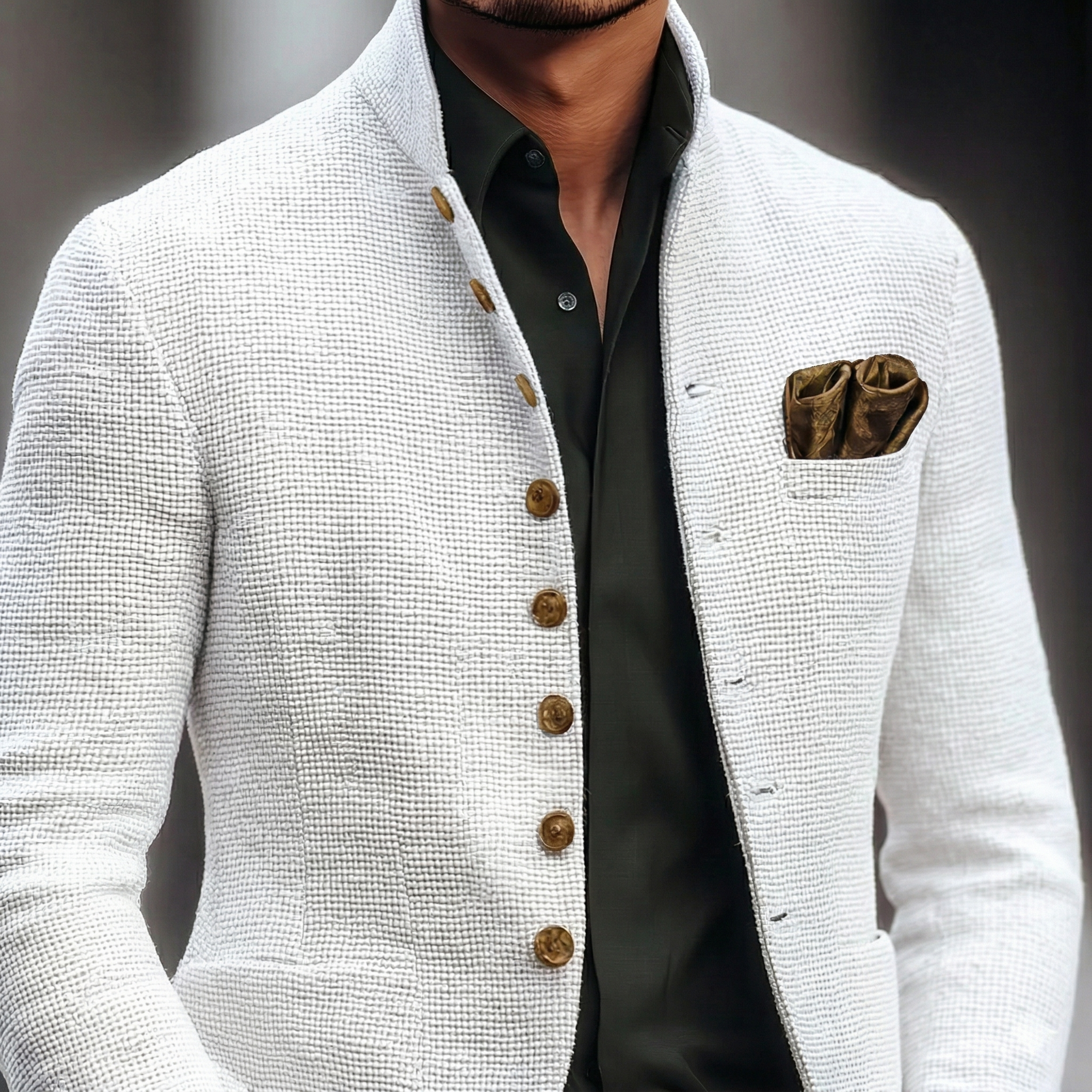 Mens Blazer White Textured Stand Collar Single-Breasted Smart Jacket