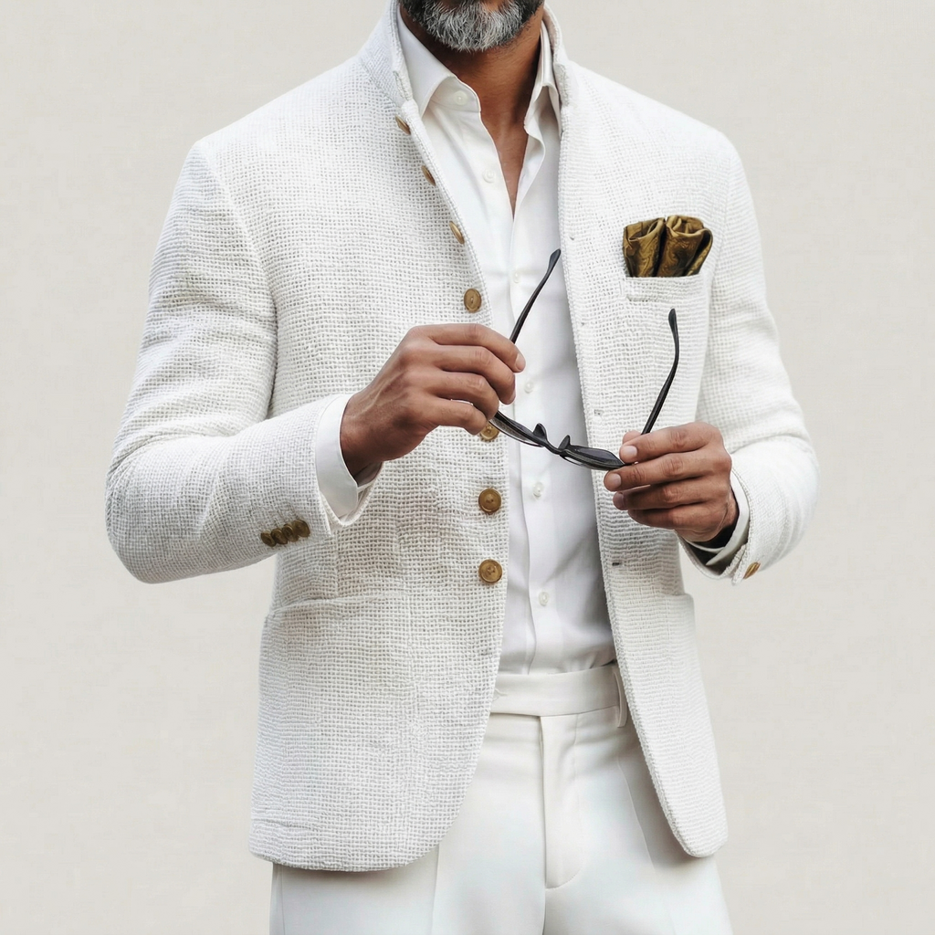 Mens Blazer White Textured Stand Collar Single-Breasted Smart Jacket