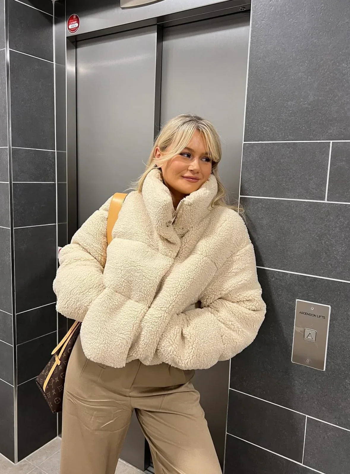 Women's Oversized Teddy Puffer Jacket, Sherpa Fleece High Collar Zip Jacket