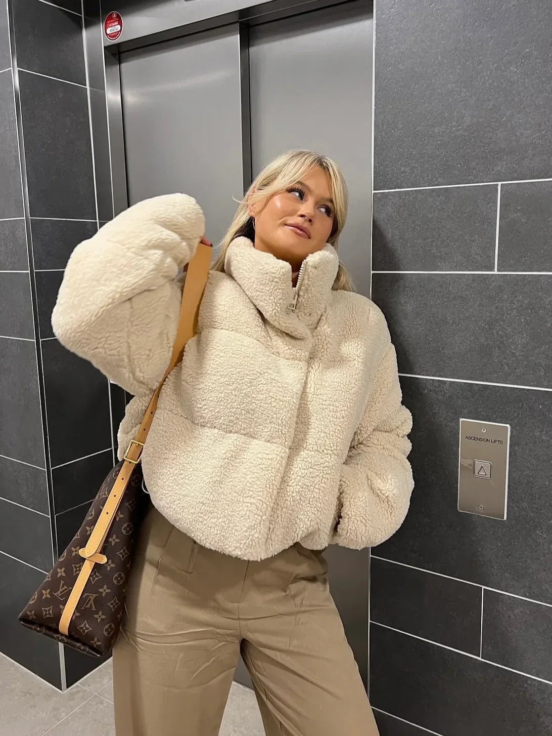 Women's Oversized Teddy Puffer Jacket, Sherpa Fleece High Collar Zip Jacket