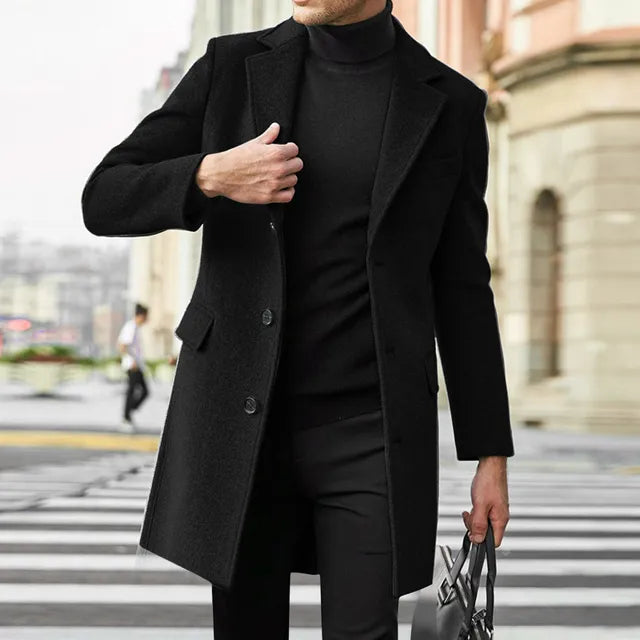 Men's Wool Coat, Single-Breasted Long Overcoat, Notched Lapel Winter Dress Coat