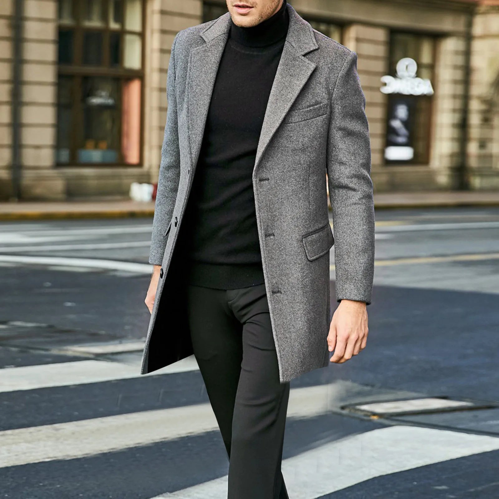 Men's Wool Coat, Single-Breasted Long Overcoat, Notched Lapel Winter Dress Coat