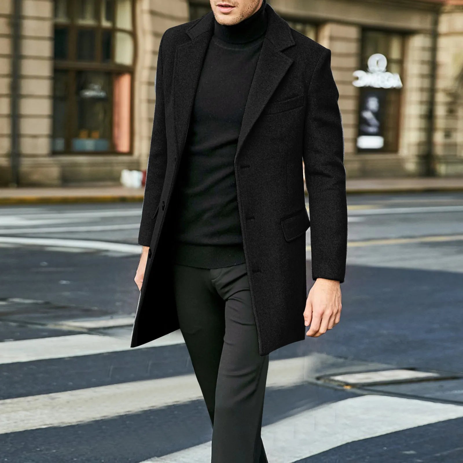 Men's Wool Coat, Single-Breasted Long Overcoat, Notched Lapel Winter Dress Coat