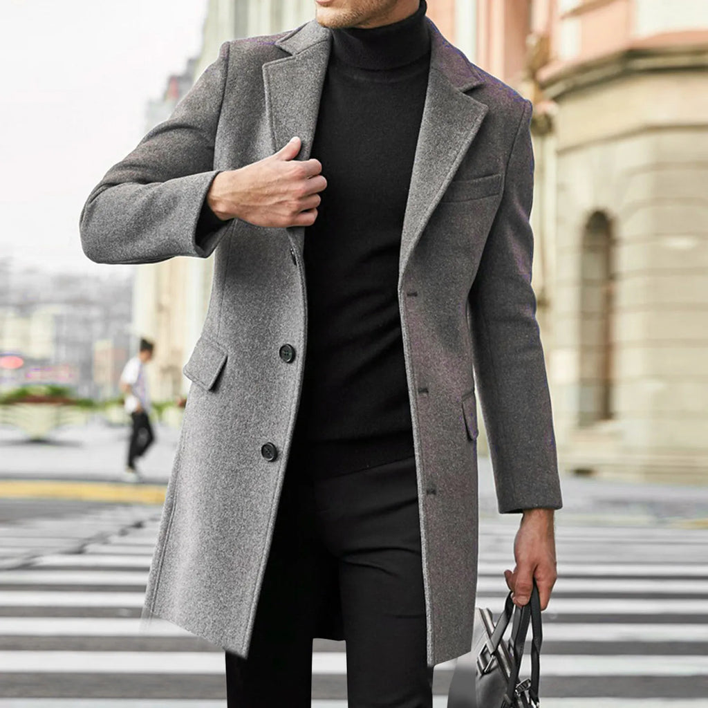 Men's Wool Coat, Single-Breasted Long Overcoat, Notched Lapel Winter Dress Coat
