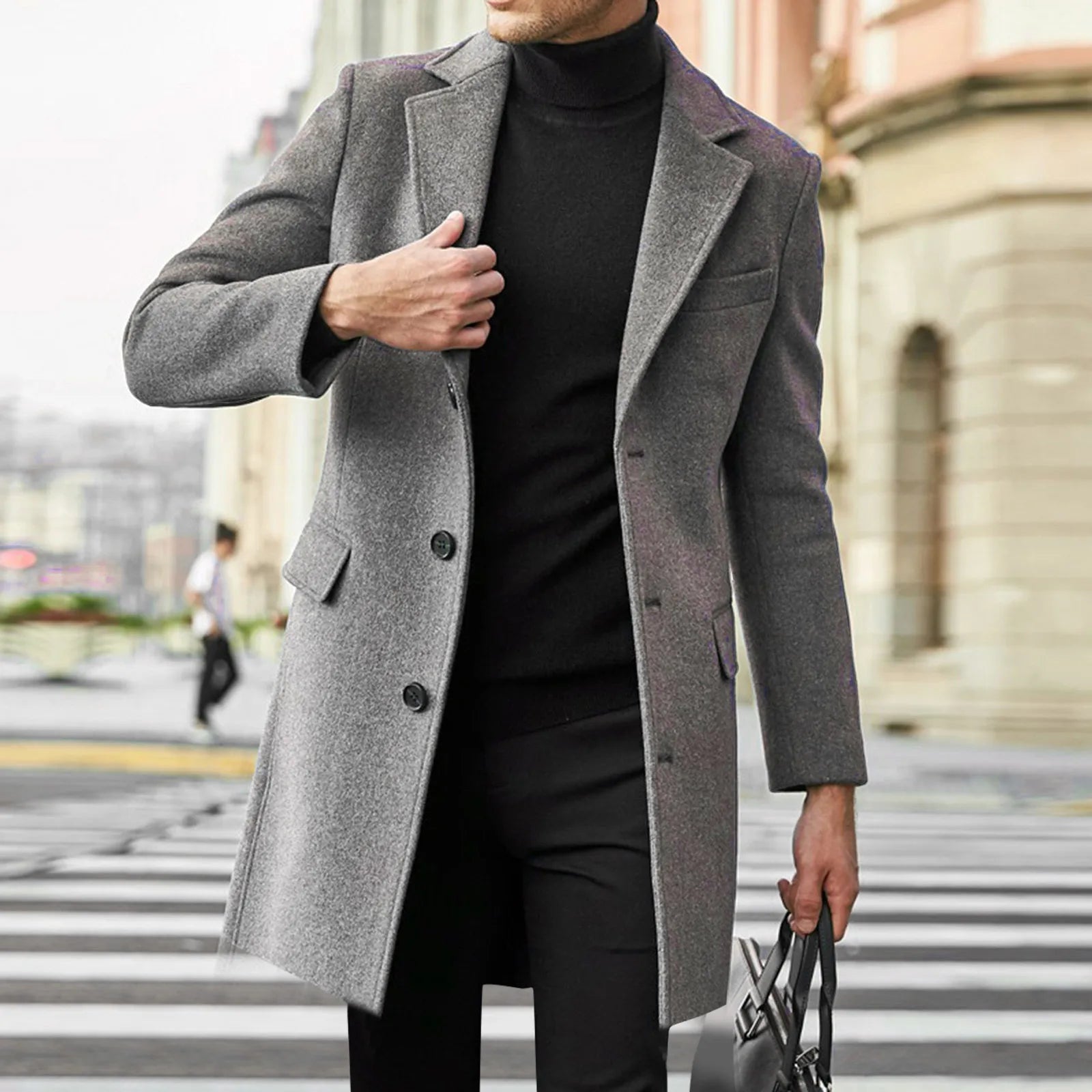 Men's Wool Coat, Single-Breasted Long Overcoat, Notched Lapel Winter Dress Coat