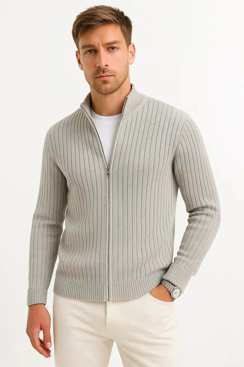 Men's Zip Through Ribbed Knit Cardigan - Grey