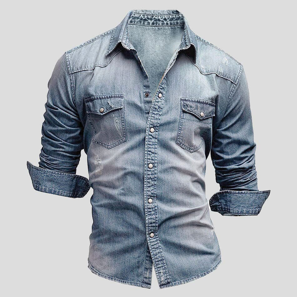 Men’s Vintage Wash Denim Shirt – Casual Button Down Collar