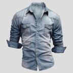Men’s Vintage Wash Denim Shirt – Casual Button Down Collar