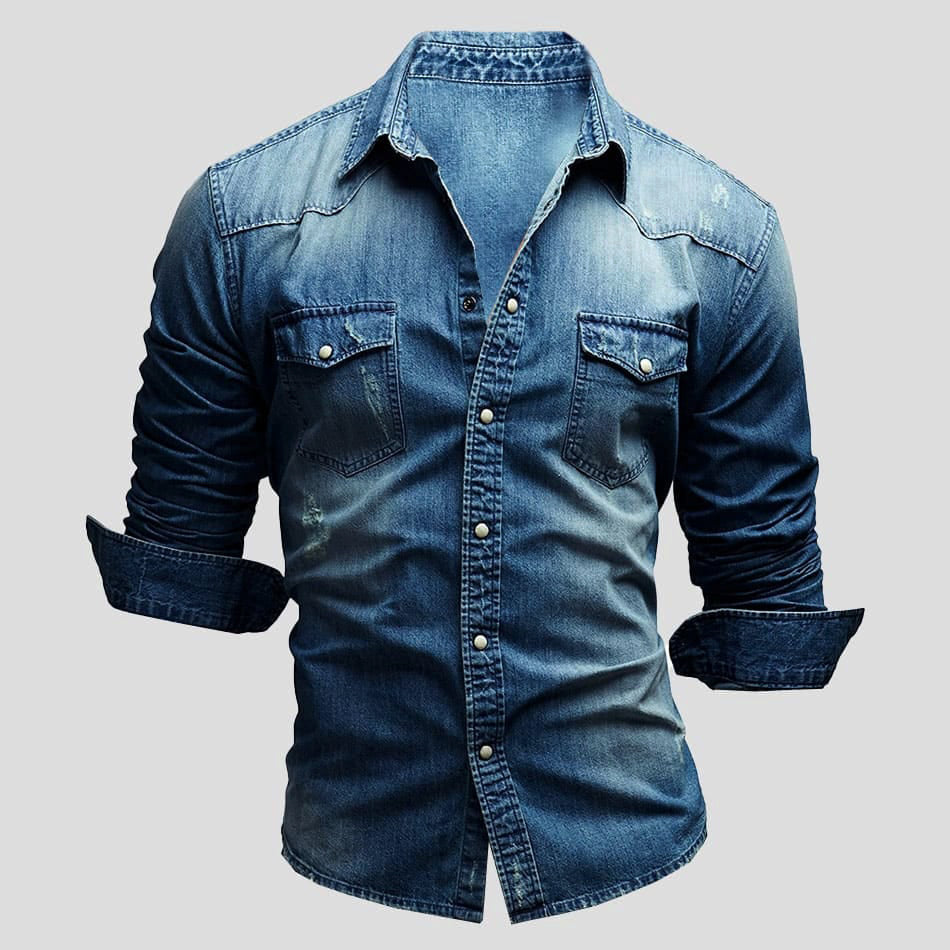 Men’s Vintage Wash Denim Shirt – Casual Button Down Collar