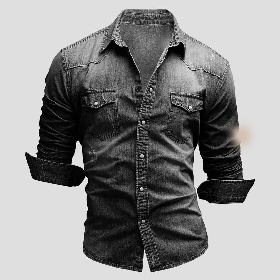 Men’s Vintage Wash Denim Shirt – Casual Button Down Collar