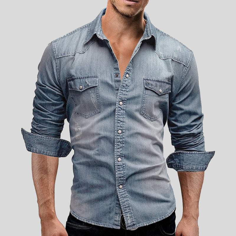 Men’s Vintage Wash Denim Shirt – Casual Button Down Collar