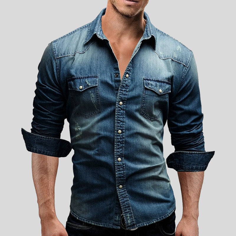 Men’s Vintage Wash Denim Shirt – Casual Button Down Collar