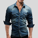 Men’s Vintage Wash Denim Shirt – Casual Button Down Collar