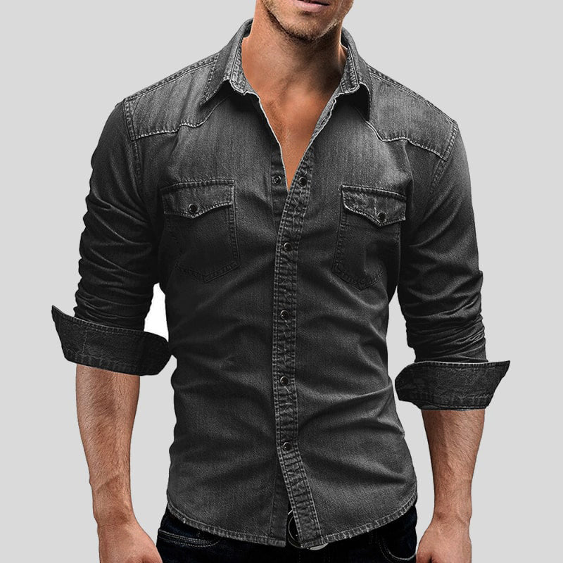 Men’s Vintage Wash Denim Shirt – Casual Button Down Collar