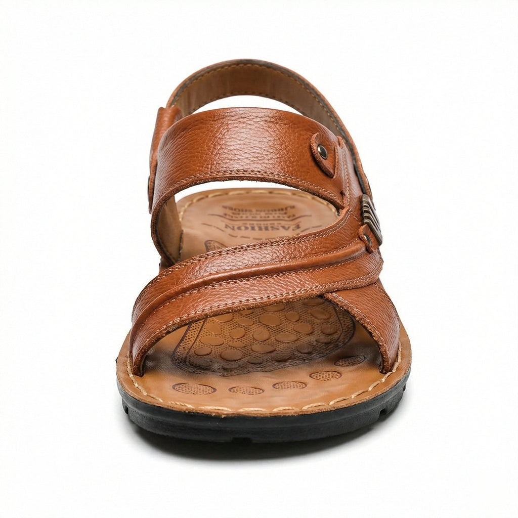 Men's Leather Open-Toe Sandals - Adjustable Back Strap Slip On Shoes