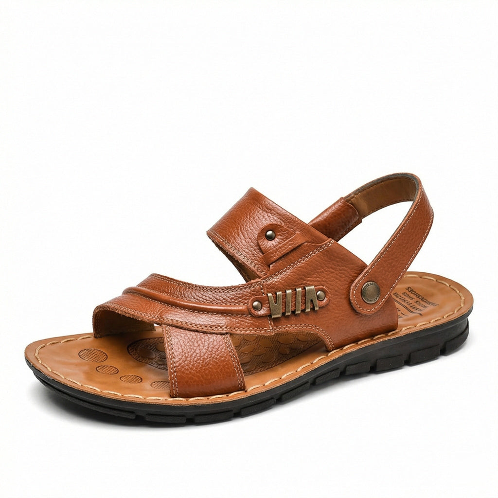 Men's Leather Open-Toe Sandals - Adjustable Back Strap Slip On Shoes