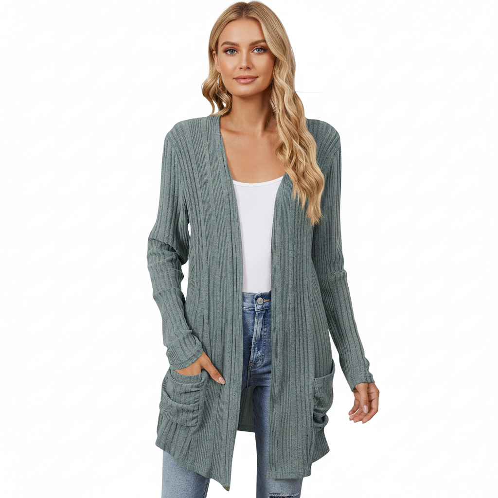 Women's Long Cardigan - Ribbed Knit Open Front with Pockets, Sage Green