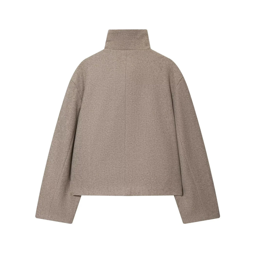 Women's Wool Blend Cropped Jacket, High Fold-Over Collar Short Winter Jacket