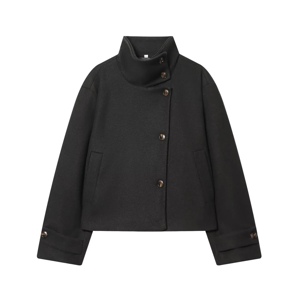 Women's Wool Blend Cropped Jacket, High Fold-Over Collar Short Winter Jacket