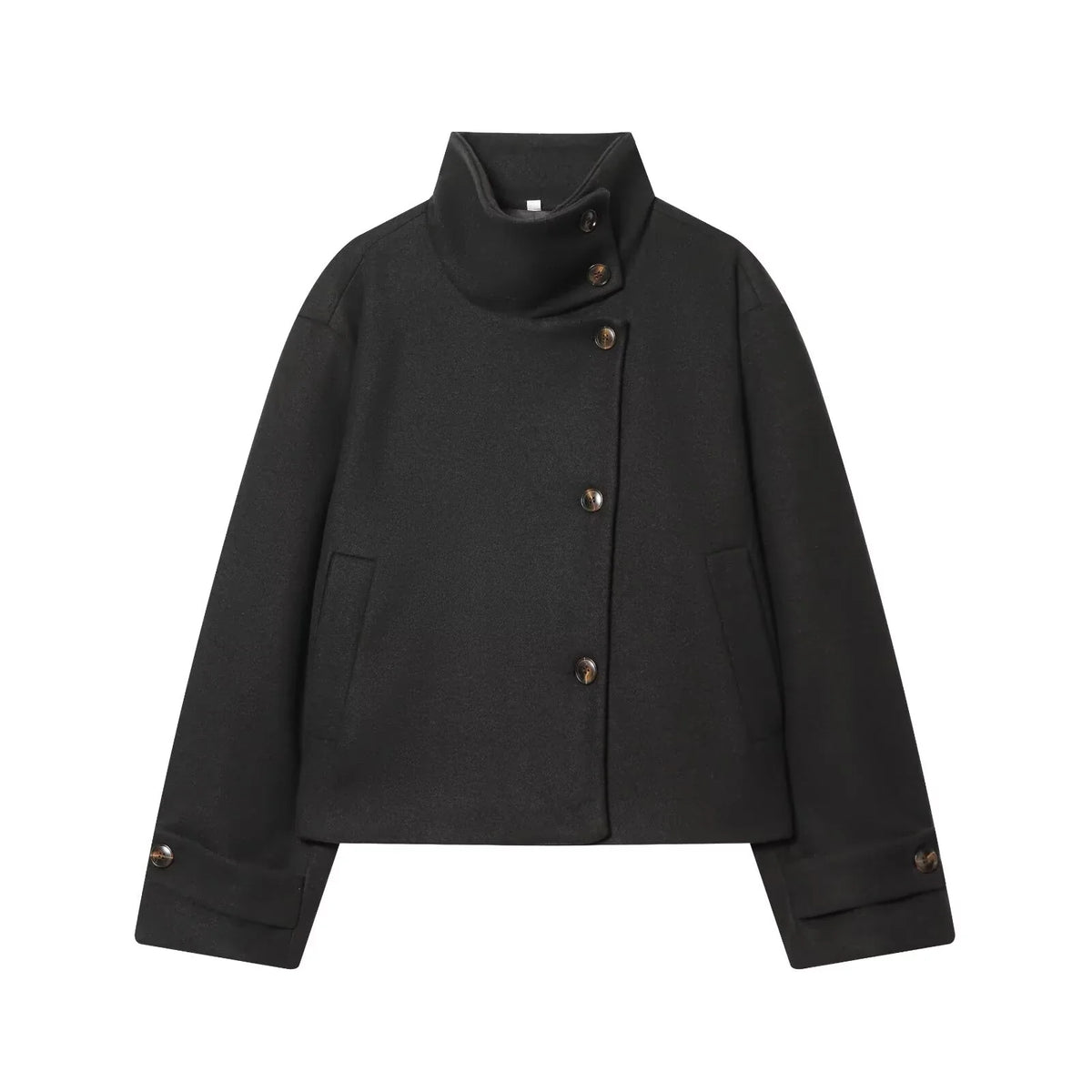 Women's Wool Blend Cropped Jacket, High Fold-Over Collar Short Winter Jacket