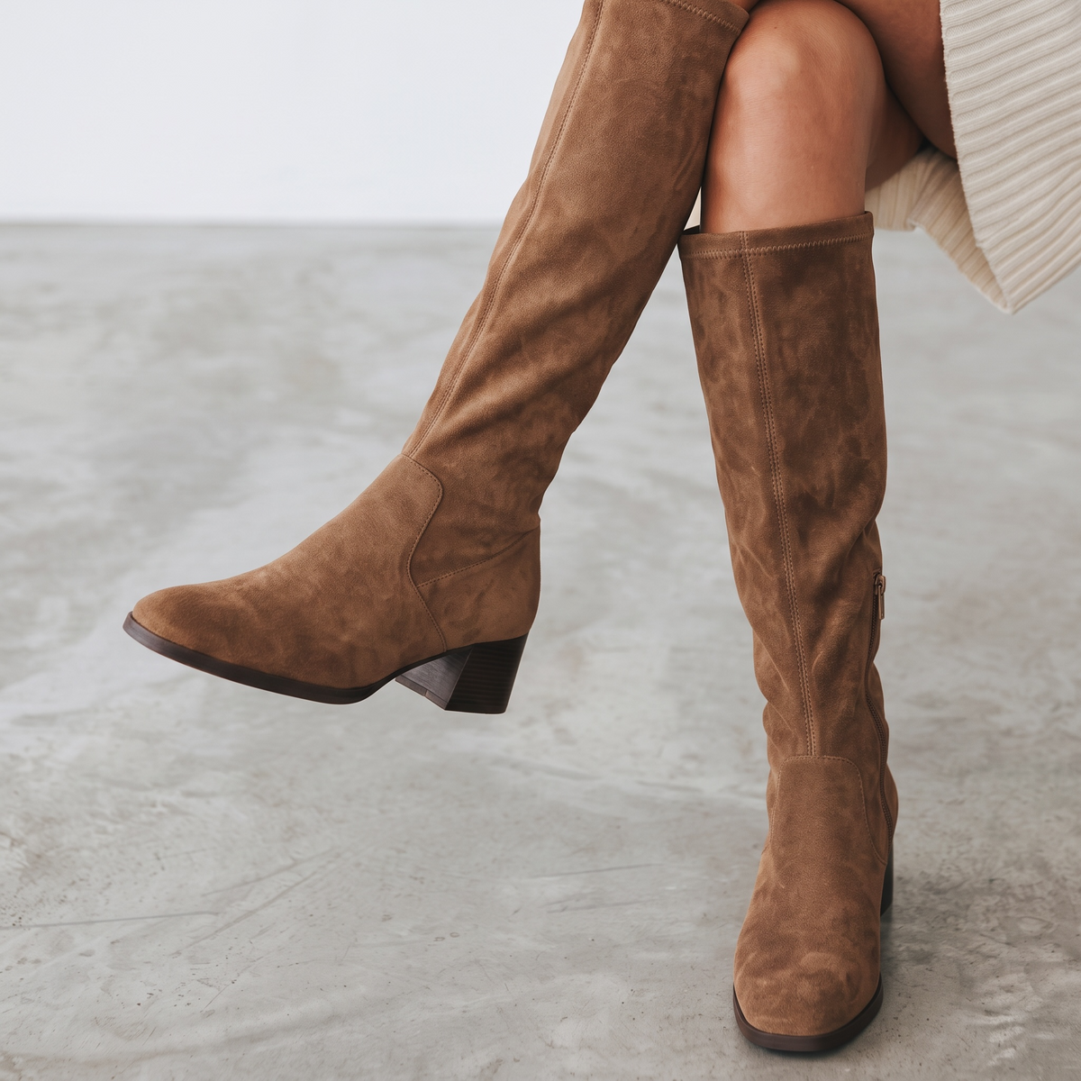 Women's Stretch Knee High Boots, Wide Calf Faux Suede Pull-On Boots with Inside Zip