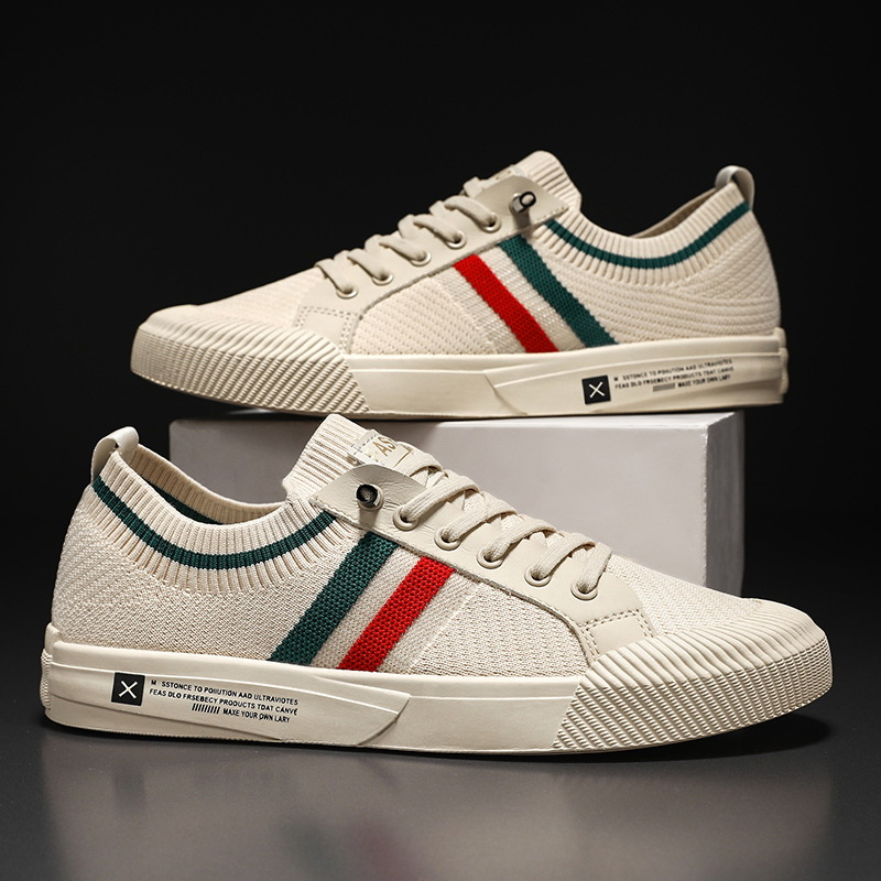 Men's Breathable Knit Lace-Up Trainers – Casual Lightweight Stripe Sneakers