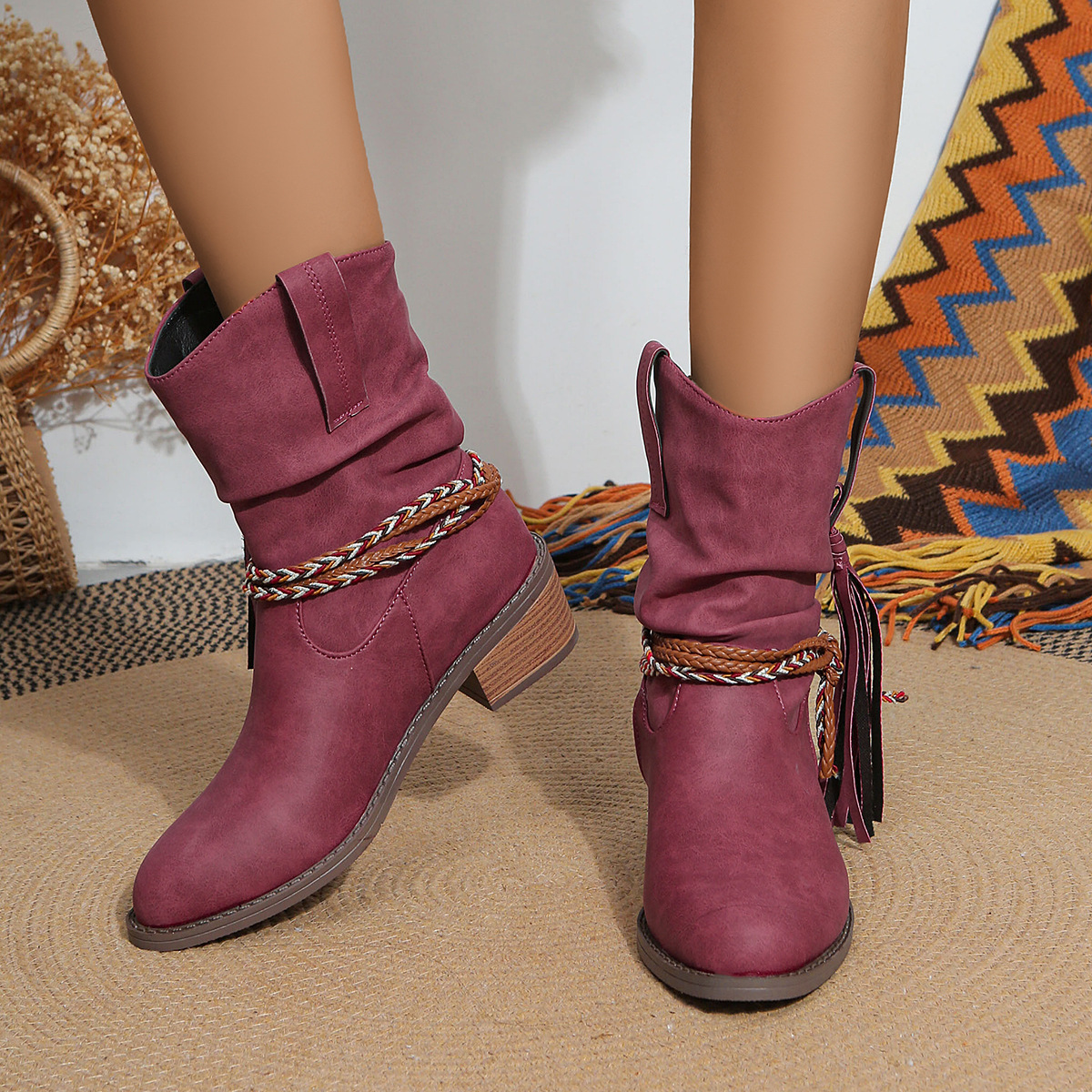 Women’s Vintage Ankle Boots - PU Leather Tassel Cowboy Boots