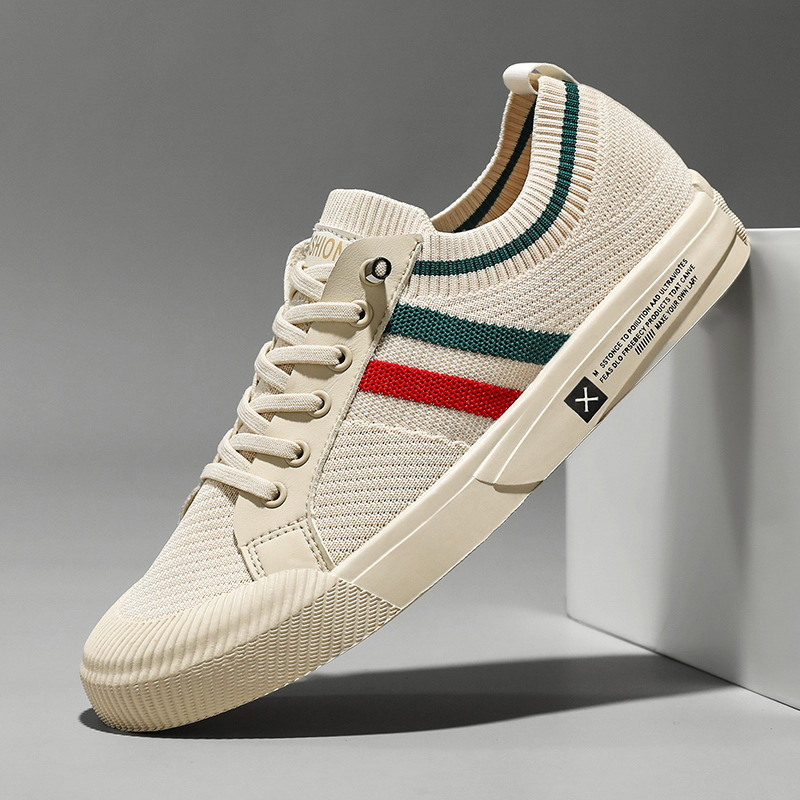Men's Breathable Knit Lace-Up Trainers – Casual Lightweight Stripe Sneakers